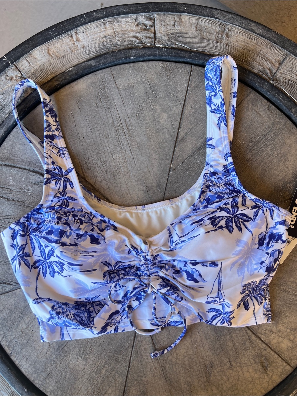 Lands' End White and Blue Tropical Ruched Swim Camisole Medium B24
